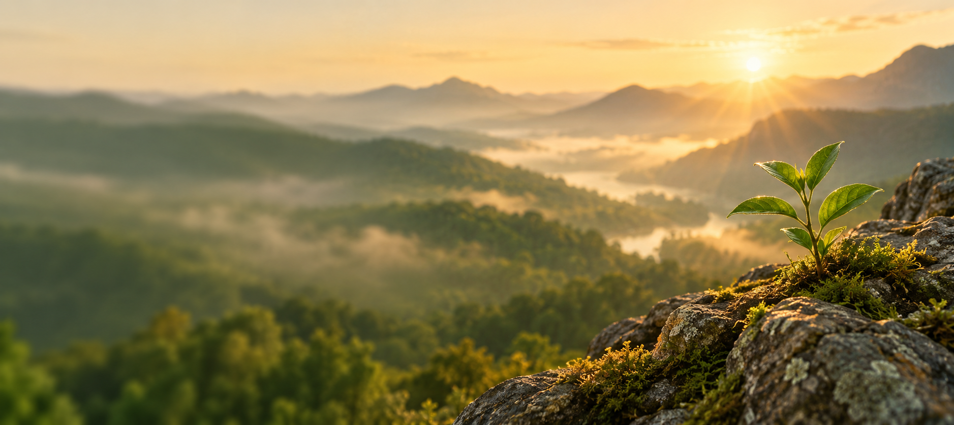 Um broto nasce entre pedras diante de montanhas ao amanhecer